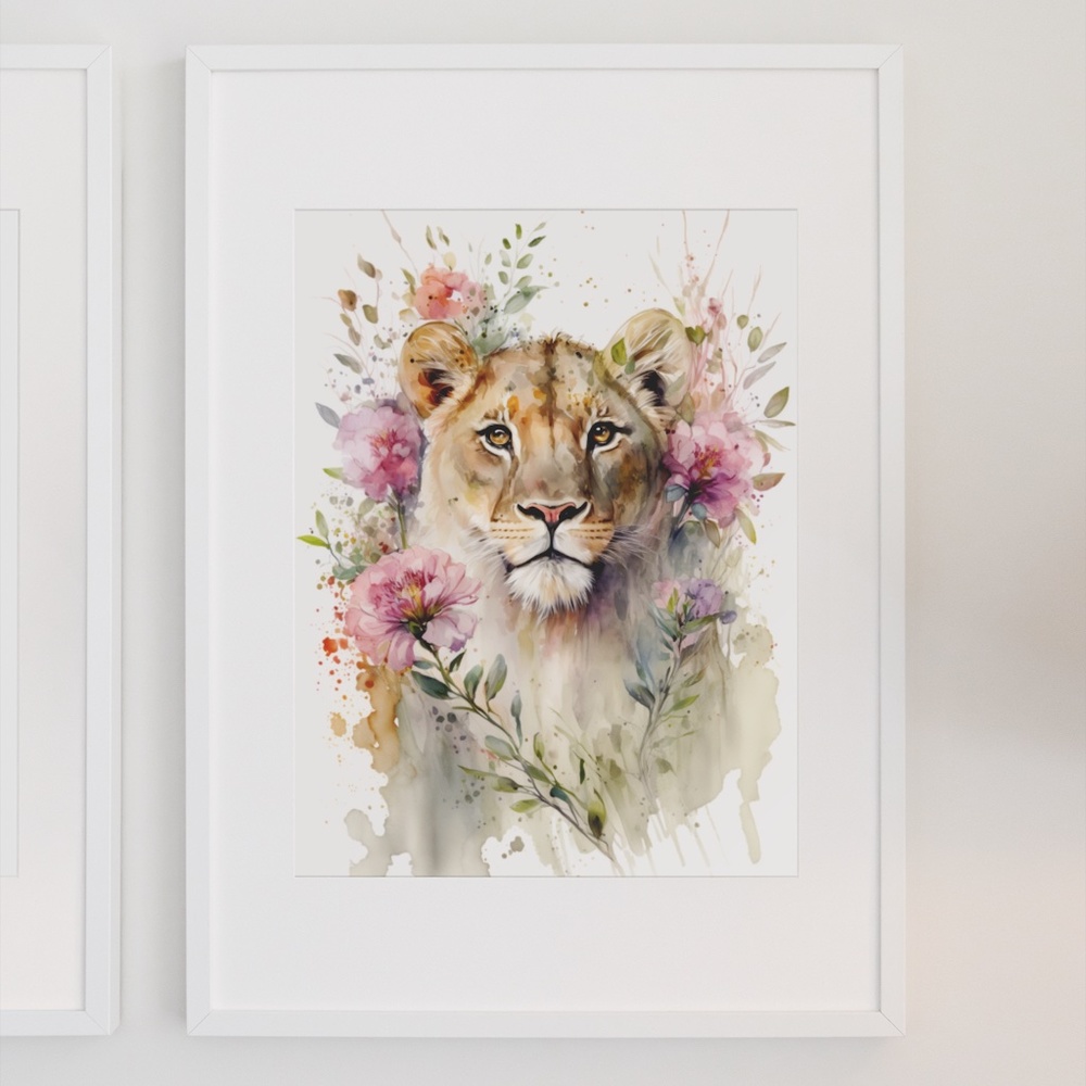 Cute Floral Lioness Watercolor Wall Art Illustration Print Poster Card Unframed - Picture 3 of 7